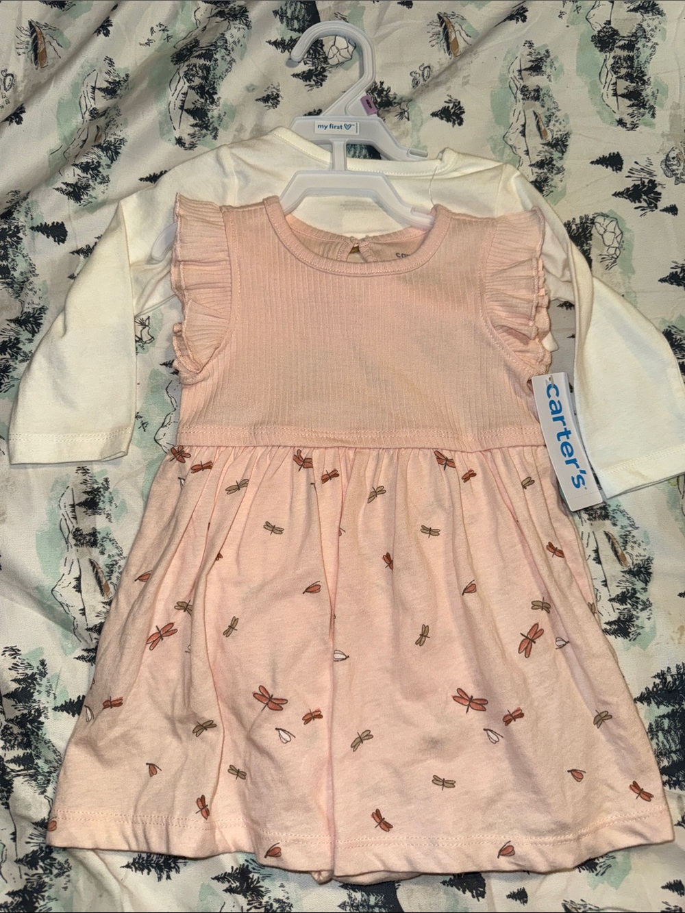 Carter's Light Pink Dragonfly Ruffle-Sleeve Dress with Cream Top NEW 9 month